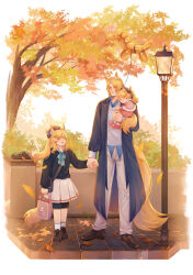 Rule 34 | 1boy, 2girls, aged down, animal ear fluff, animal ears, arknights, autumn, autumn leaves, bag, balloon animal, beret, black coat, black shirt, black shorts, blemishine (arknights), blue bow, blue bowtie, blue shirt, blush, border, bow, bowtie, brown footwear, brown headwear, capelet, closed eyes, coat, cobblestone, commentary, dress, english commentary, full body, grey pants, grey sweater, hat, highres, holding, holding bag, holding hands, horse ears, horse girl, horse tail, lamppost, loafers, long hair, looking at another, looking up, miyaji (miyaji0517), mlynar (arknights), multiple girls, nearl (arknights), open clothes, open coat, open mouth, outdoors, pants, pink capelet, pink dress, pink footwear, pleated skirt, ponytail, retaining wall, road, shirt, shoes, short hair, shorts, shorts under skirt, side ponytail, sidelocks, skirt, socks, street, sweater, sweater vest, tail, white skirt, white socks, yellow eyes