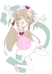 Rule 34 | 1girl, :d, absurdres, apron, bad id, bad twitter id, bandaged arm, bandages, blush stickers, donguri suzume, dress, facing viewer, fang, hair ornament, hands up, hat, heart, highres, jumping, light brown hair, long hair, natori sana, nurse cap, open mouth, pink apron, pink footwear, pink hat, rabbit hair ornament, sana channel, shoes, smile, solo, thighhighs, two side up, virtual youtuber, white dress, white thighhighs
