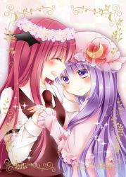 Rule 34 | 2girls, :d, ^ ^, bat wings, blush, border, crescent, crescent hair ornament, closed eyes, friends, hair ornament, holding hands, hand on another&#039;s cheek, hand on another&#039;s face, happy, hat, head wings, head wreath, koakuma, lace, long hair, long sleeves, looking at another, mob cap, multiple girls, murasaki-neko, murasaki (murasakiiro no yoru), necktie, open mouth, patchouli knowledge, purple eyes, purple hair, red hair, robe, smile, sparkle, touhou, vest, wings, yuri