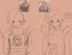 1boy arms_at_sides arms_behind_back before_and_after blush comparison dragon_ball dragon_ball_super earrings empty_eyes english_text jewelry kikuomiku7 light_background long_sleeves mohawk multiple_views pointy_ears potara_earrings sash shirt short_hair sketch smile zamasu