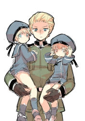 Rule 34 | 10s, 1boy, 2girls, axis powers hetalia, blonde hair, blue eyes, brown eyes, brown hair, carrying, clothes writing, cowboy shot, cross, crossover, germany (hetalia), hat, iron cross, kantai collection, military, military uniform, multiple girls, sailor collar, sailor hat, short hair, simple background, sketch, tobi (one), uniform, white background, z1 leberecht maass (kancolle), z3 max schultz (kancolle)