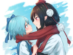 Rule 34 | 2girls, black hair, blue background, blue bow, blue eyes, blue hair, blush, bow, cirno, closed mouth, eye contact, from side, hair bow, hat, height difference, ice, ice wings, looking at another, multiple girls, pointy ears, pom pom (clothes), profile, red eyes, red hat, red scarf, roke (taikodon), scarf, scarf grab, shameimaru aya, shared clothes, shared scarf, shirt, short hair, short sleeves, smile, tassel, tokin hat, touhou, upper body, white shirt, wings, yuri