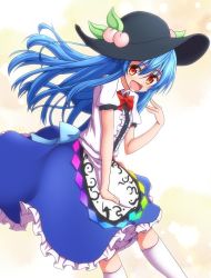 Rule 34 | 1girl, :d, black hat, blue hair, blue skirt, blush, bow, bowtie, brown eyes, commentary request, cowboy shot, fang, food, fruit, hair between eyes, hat, highres, hinanawi tenshi, kneehighs, leaf, long hair, looking at viewer, open mouth, peach, red bow, red bowtie, shide, short sleeves, sidelocks, skirt, smile, socks, solo, teoi (good chaos), touhou, white socks