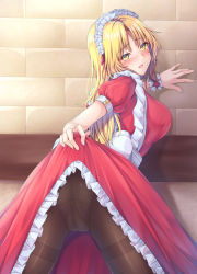 Rule 34 | 1girl, :d, apron, black pantyhose, blonde hair, blush, cameltoe, clothes lift, commentary request, dress, dress lift, frilled dress, frills, highres, leaning forward, long hair, looking at viewer, looking back, maid apron, maid headdress, open mouth, panties, panties under pantyhose, pantyhose, red dress, short sleeves, smile, solo, thighband pantyhose, touhou, touhou (pc-98), underwear, white apron, wrist cuffs, yanagi no ki, yellow eyes, yumeko (touhou)