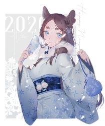 Rule 34 | 2020, absurdres, animal, animal ears, animal on shoulder, bag, blue nails, blurry, border, breasts, breath, brown eyes, brown hair, chinese zodiac, commentary, english commentary, enpera, eyebrows, fur scarf, hagoita, hair ornament, highres, holding, holding bag, japanese clothes, kanzashi, kimono, kinchaku, long hair, long sleeves, looking at viewer, medium breasts, mouse (animal), mouse ears, nail polish, new year, obi, original, outside border, paddle, pouch, sash, scarf, snowflake hair ornament, snowflake print, snowflakes, solo, thick eyebrows, transparent, white border, year of the rat, yoimon