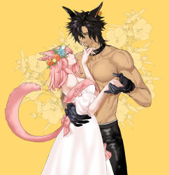 Rule 34 | 1boy, 1girl, animal ears, bare shoulders, black gloves, black hair, black pants, blunt bangs, bomb (final fantasy), breasts, cat ears, cat tail, collar, collarbone, couple, cowboy shot, dress, earrings, facial mark, facial scar, final fantasy, final fantasy xiv, finger to another&#039;s mouth, floral background, gloves, hand on another&#039;s back, head wings, highres, holding hands, jewelry, kaka ff14, large breasts, leather, leather pants, medium hair, miqo&#039;te, muscular, muscular male, off-shoulder dress, off shoulder, pale skin, pants, parted bangs, parted lips, pectorals, pink eyes, pink hair, pink tail, puffy sleeves, scar, scar on arm, scar on cheek, scar on face, smile, tail, topless male, warrior of light (ff14), white dress, wings, yellow background, yellow eyes