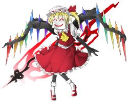 Rule 34 | 1girl, atlus, bad id, bad pixiv id, blonde hair, crossover, embodiment of scarlet devil, flandre scarlet, full body, hat, laevatein, lowres, mazeran, persona, ponytail, short hair, side ponytail, solo, touhou, transparent background, wings