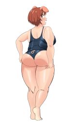 Rule 34 | 1girl, absurdres, animal ears, ass, bad id, bad twitter id, barefoot, breasts, brown eyes, brown hair, chadgarciaburg, elf-san wa yaserarenai., highres, large breasts, looking back, oku (elf-san wa yaserarenai.), open mouth, orc, pig ears, pig tail, plump, self-upload, short hair, sideboob, smile, solo, swimsuit, tail, thighs