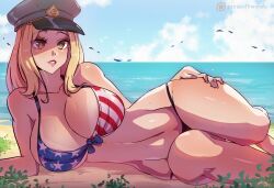 Rule 34 | 1girl, beach, bikini, blonde hair, blue sky, boku no hero academia, breasts, brown eyes, cleavage, cloud, collarbone, commentary, curvy, day, english commentary, eyelashes, hand on own hip, hat, himmely, horizon, large breasts, leaf, lips, lying, on ground, on side, outdoors, parted lips, patreon logo, patreon username, peaked cap, plant, sky, solo, stomach, sweat, swimsuit, tan, tanline peek, thick thighs, thighs, utsushimi kemii, water