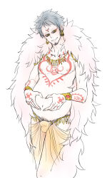 Rule 34 | 1boy, arabian clothes, arm tattoo, black hair, bracelet, bulge, cheese neko3, chest tattoo, earrings, erection, erection under clothes, facial hair, feather coat, goatee, heart, heart hands, highres, jewelry, makeup, male pregnancy, necklace, nipples, one piece, pregnant, pubic hair, short hair, smile, tattoo, trafalgar law