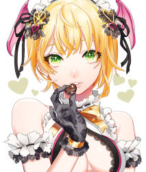 Rule 34 | 10s, 1girl, arm garter, bare shoulders, black gloves, black ribbon, blonde hair, breasts, candy, chocolate, chocolate heart, demon wings, eyelashes, floral print, food, glint, gloves, green eyes, hair ornament, head wings, heart, heart-shaped pupils, heart hair ornament, highres, holding, holding food, idolmaster, idolmaster cinderella girls, lace trim, lips, looking at viewer, maid headdress, mihatarou, miyamoto frederica, neck ribbon, parted lips, pink wings, portrait, print gloves, ribbon, ribbon trim, rose print, short hair, simple background, smile, solo, symbol-shaped pupils, valentine, white background, wings, yellow ribbon