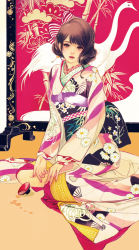 Rule 34 | 1girl, bird, bow, brown eyes, brown hair, crane (animal), floral background, graphite (medium), hair bow, japanese clothes, kimono, lipstick, long sleeves, looking at viewer, makeup, matsuo hiromi, obi, original, parted lips, pink kimono, red lips, sash, sitting, solo, striped, striped bow, swept bangs, traditional media