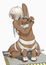 Rule 34 | 1girl, absurdres, barefoot, bdsm, bondage, bound, chinese commentary, cuffs, dark-skinned female, dark skin, feet, guilty gear, guilty gear xrd, handcuffs, highres, long hair, looking at viewer, looking back, no bra, orange eyes, platinum blonde hair, ramlethal valentine, restrained, second-party source, shackles, stationary restraints, tan, white hair, youzu (youzuyozu)