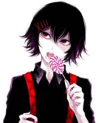 Rule 34 | 10s, 1boy, androgynous, awara kayu, black hair, black shirt, candy, commentary request, fingernails, food, hair between eyes, hair ornament, hairclip, holding, holding food, lollipop, looking to the side, looking up, male focus, nail polish, out of frame, pale skin, red eyes, red nails, roman numeral, shaded face, shirt, short hair, simple background, solo, stitched face, stitches, suspenders, suzuya juuzou, teeth, tokyo ghoul, tokyo ghoul:re, tongue, tongue out, upper body, white background, x hair ornament