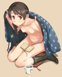 Rule 34 | 1girl, :o, black socks, blush, book, braid, breasts, brown eyes, brown hair, collarbone, commentary request, cup, full body, hair ribbon, japanese clothes, kantai collection, looking at viewer, makio (makiomeigenbot), navel, nipples, no shoes, nude, open book, parted lips, pink background, ribbon, simple background, single braid, sitting, small breasts, socks, solo, tress ribbon, uranami (kancolle), wariza