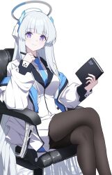 Rule 34 | 1girl, armchair, black pantyhose, blazer, blue archive, blue necktie, blunt bangs, blush, breasts, chair, coat, collared shirt, commentary request, crossed arms, crossed legs, dual wielding, feet out of frame, grey hair, halo, hand up, head tilt, headgear, highres, holding, holding notebook, holding pen, jacket, lapels, large breasts, long hair, long sleeves, looking at viewer, mechanical halo, miniskirt, necktie, noa (blue archive), notched lapels, notebook, off shoulder, office chair, on chair, open clothes, open coat, open jacket, pantyhose, pen, pleated skirt, purple eyes, reia 76, school uniform, shirt, sidelocks, simple background, sitting, skirt, smile, solo, swivel chair, thick eyelashes, three quarter view, very long hair, white background, white coat, white jacket, white shirt, white skirt