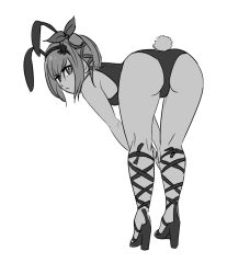 Rule 34 | 1girl, alternate hair length, alternate hairstyle, angry, animal ears, ass, ass focus, edna (tales), fake animal ears, female focus, from behind, full body, high heels, highres, leotard, looking at viewer, looking back, medium hair, monochrome, playboy bunny, rabbit ears, simple background, solo, tales of (series), tales of zestiria