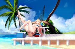 Rule 34 | 1girl, ahoge, american flag bikini, ass, beach, bikini, blonde hair, blue eyes, blue hawaii, blush, book, breasts, cloud, cocktail, cooler, cup, day, dock, drink, drinking glass, drinking straw, flag print, food, fruit, full body, game cg, hair between eyes, hammock, harpyia (last origin), highres, huge breasts, hurricane glass, last origin, lime (fruit), lime slice, long hair, looking at viewer, official art, open mouth, outdoors, palm tree, smile, snowball22, solo, swimsuit, tree, tropical drink, very long hair, water