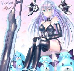 Rule 34 | 10s, 1girl, absurdres, aqua eyes, bad id, bad pixiv id, bare shoulders, black heart (neptunia), breasts, cleavage, dogoo, gloves, highres, long hair, looking at viewer, neptune (series), nicky w, noire (neptunia), sitting, solo, sword, weapon, white hair