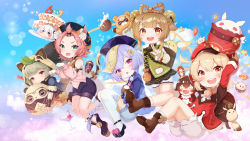 Rule 34 | 5girls, :d, absurdres, ahoge, animal ears, animal hood, aqua eyes, arm guards, arms up, ass, backpack, bag, bangs pinned back, baron bunny (genshin impact), basket, bead necklace, beads, bell, black shorts, bloom, blunt bangs, blush, boots, braid, brown footwear, brown gloves, brown hair, brown scarf, cabbie hat, cameo, cape, cat ears, cat girl, cat tail, chinese clothes, clover print, coat, cocktail shaker, coin hair ornament, commentary request, daruma doll, detached sleeves, diona (genshin impact), dodoco (genshin impact), eyes visible through hair, fake animal ears, forehead, genshin impact, gloves, grey hair, guoba (genshin impact), hair bell, hair between eyes, hair ornament, hat, hat feather, hat ornament, highres, hood, japanese clothes, jewelry, jiangshi, jumpy dumpty, klee (genshin impact), knee boots, kneehighs, leaf, leaf on head, light brown hair, long hair, long sleeves, looking at viewer, low ponytail, low twintails, mengxin huazha, midriff, muji-muji daruma (genshin impact), multiple girls, navel, necklace, ninja, obi, ofuda, open mouth, orange eyes, paimon (genshin impact), pink hair, pocket, pointy ears, puffy detached sleeves, puffy shorts, puffy sleeves, purple eyes, purple shorts, qingdai guanmao, qiqi (genshin impact), raccoon ears, raccoon hood, randoseru, red coat, red headwear, red panda, sash, sayu (genshin impact), scarf, short hair, short shorts, short sleeves, shorts, sidelocks, single braid, slime (genshin impact), smile, socks, stuffed animal, stuffed rabbit, stuffed toy, tail, thick eyebrows, twin braids, twintails, v, vision (genshin impact), white gloves, white legwear, white shorts, yaoyao (genshin impact)