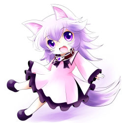 Rule 34 | 1girl, animal ears, child, collar, fang, highres, long sleeves, open mouth, original, purple eyes, purple hair, short hair, simple background, solo, white background, yume shokunin