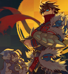 Rule 34 | 1girl, animal hood, armor, canyne, capcom, cat hood, dated, dog, fewer digits, food, gloves, hair between eyes, headband, highres, hood, japanese clothes, kamura (armor), kazakh, leo tail, long hair, looking at viewer, mask, monster hunter (series), monster hunter rise, scarf, short hair, simple background, strider (video game), strider hiryuu, sword, sword behind back, thighhighs, video game, wagashi, weapon