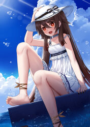 Rule 34 | 1girl, absurdres, barefoot, black ribbon, blue sky, blush, breasts, brown footwear, brown hair, choker, cloud, cloudy sky, collarbone, day, dress, feet, foot out of frame, frilled choker, frilled dress, frills, genshin impact, hair between eyes, hat, hat ribbon, highres, hu tao (genshin impact), knee up, legs, lens flare, looking at viewer, ocean, open mouth, outdoors, red eyes, ribbon, shadow, shiny skin, sidelocks, sky, skym (kumei), sleeveless, sleeveless dress, small breasts, soles, strap slip, symbol-shaped pupils, thighs, toes, twintails, water, white dress, white hat