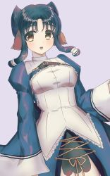 Rule 34 | 1girl, animal ears, aquaplus, arm up, atuy, blue hair, blush, breasts, cowboy shot, dress, frilled dress, frills, gradient eyes, highres, imawanaki, legs together, long sleeves, looking at viewer, medium breasts, multicolored eyes, open mouth, parted bangs, puffy sleeves, raised eyebrows, short hair with long locks, solo, taut clothes, taut dress, thighs, thighs together, utawarerumono, utawarerumono: itsuwari no kamen, utawarerumono: lost flag, wide sleeves, yellow eyes
