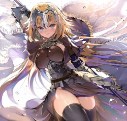 Rule 34 | 1girl, arm up, armor, armored dress, backlighting, bad id, bad pixiv id, black dress, black thighhighs, blonde hair, blue eyes, blush, breasts, cape, closed mouth, collar, cowboy shot, dress, dutch angle, fate/apocrypha, fate (series), fringe trim, gauntlets, groin, headpiece, holding, holding staff, jeanne d&#039;arc (fate), jeanne d&#039;arc (ruler) (fate), large breasts, long hair, long sleeves, looking at viewer, raichi (user gwvk5732), smile, solo, staff, standing, thighhighs, thighs, tsurime, underbust, very long hair, water drop