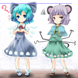 Rule 34 | 2girls, animal ears, bad id, bad pixiv id, blue eyes, blue hair, bow, cirno, grey hair, hair bow, jewelry, mouse ears, mouse tail, multiple girls, nazrin, pendant, r0g0b0, red eyes, short hair, tail, touhou, wings