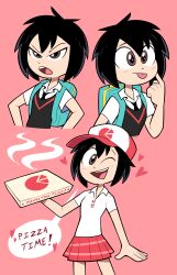 Rule 34 | 1girl, absurdres, alternate costume, angry, backpack, bag, black hair, blush, box, brown eyes, confused, food, happy, hat, highres, holding, holding box, looking at viewer, marvel, miscon, multiple views, open mouth, peni parker, pink background, pizza, pizza box, school uniform, short hair, simple background, skirt, smile, solo, spider-man: into the spider-verse, spider-man (series), spider-verse, teeth, tongue, tongue out, upper teeth only