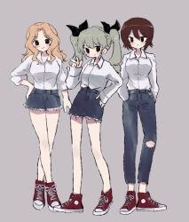 Rule 34 | 3girls, alternate costume, anchovy (girls und panzer), black ribbon, blonde hair, brown eyes, brown hair, casual, collared shirt, commentary, cutoffs, denim, denim shorts, denim skirt, drill hair, full body, girls und panzer, green hair, grey background, hair intakes, hair ribbon, hand on own hip, hands in pockets, highres, jeans, kay (girls und panzer), long hair, long sleeves, looking at viewer, matching outfits, multiple girls, nishizumi maho, pants, red footwear, ri (qrcode), ribbon, shirt, shoes, short hair, short shorts, shorts, simple background, skirt, smile, sneakers, standing, torn clothes, torn jeans, torn pants, twin drills, twintails, waving, white shirt