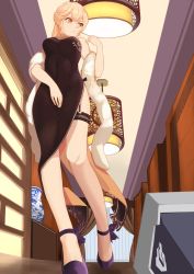 Rule 34 | 1girl, 1other, absurdres, alternate costume, blonde hair, china dress, chinese clothes, chinese commentary, commentary request, dinergate (girls&#039; frontline), dress, fur scarf, garter straps, girls&#039; frontline, high heels, highres, hsubo, lamp, official alternate costume, ots-14 (girls&#039; frontline), ots-14 (sangria succulent) (girls&#039; frontline), restaurant, upskirt, vase, yellow eyes