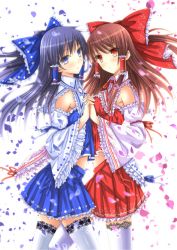 Rule 34 | 2girls, :o, alternate color, alternate hair color, bad id, bad pixiv id, bare shoulders, black hair, blue eyes, bow, brown hair, detached sleeves, dual persona, embellished costume, female focus, frills, hair bow, hakurei reimu, highres, holding hands, japanese clothes, lace, lace-trimmed legwear, lace trim, long hair, midriff, miko, multiple girls, palette swap, petals, player 2, red eyes, smile, swordsouls, symbol-shaped pupils, thighhighs, touhou, white thighhighs, zettai ryouiki