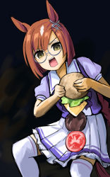 Rule 34 | 1girl, animal ears, asymmetrical bangs, beef, brown hair, burger, burger malfunction, cheese, feet out of frame, food, glasses, green eyes, holding, holding food, horse ears, horse girl, horse tail, ikuno dictus (umamusume), lettuce, open mouth, puffy short sleeves, puffy sleeves, round eyewear, sailor collar, saturn devouring his son, school uniform, short sleeves, skirt, solo, tail, teeth, tenten (chan4545), thighhighs, tracen school uniform, umamusume, upper teeth only, white skirt, white thighhighs