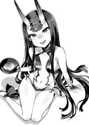 Rule 34 | 1girl, alternate hair length, alternate hairstyle, ankle ribbon, asanagi, bare shoulders, blunt bangs, breasts, cup, fangs, fate/grand order, fate (series), greyscale, hair ornament, highres, horns, leg ribbon, long hair, looking at viewer, monochrome, navel, open mouth, ribbon, sakazuki, shuten douji (fate), shuten douji (first ascension) (fate), sitting, skin-covered horns, small breasts, smile, solo, thick eyebrows, thighs, very long hair, wakamezake, wariza, wide hips