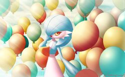 Rule 34 | 1girl, absurdres, alternate color, artist name, balloon, blue hair, blue skin, bob cut, colored skin, creatures (company), day, female focus, flat chest, from side, game freak, gardevoir, gen 3 pokemon, hair over one eye, hand up, happy, highres, holding, holding balloon, light rays, looking at viewer, multicolored skin, nintendo, one eye covered, open mouth, orange eyes, outdoors, pokemon, pokemon (creature), shiny pokemon, short hair, smile, solo, standing, sunlight, thekingunder, twitter username, two-tone skin, watermark, white skin