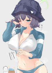 Rule 34 | 1girl, doodle sensei (blue archive), blue archive, blush, breasts, bucket hat, cleavage, collarbone, crystal, halo, hat, highres, large breasts, navel, one eye closed, purple eyes, rash guard, ryoutsu, saki (blue archive), saki (swimsuit) (blue archive), sensei (blue archive), solo focus, unzipping
