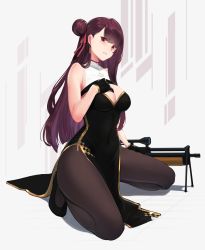 Rule 34 | 1girl, adapted costume, bare shoulders, bipod, black dress, black footwear, black gloves, black pantyhose, blush, breasts, bullpup, china dress, chinese clothes, cleavage, dress, earrings, girls&#039; frontline, gloves, gun, hair bun, hair ribbon, half updo, hand on own chest, hayabusa, highres, jewelry, kneeling, large breasts, long hair, looking at viewer, mole, mole under eye, one side up, pantyhose, parted lips, pelvic curtain, purple hair, red eyes, ribbon, rifle, shoes, side bun, sidelocks, single side bun, sniper rifle, solo, tsurime, very long hair, wa2000 (girls&#039; frontline), walther, walther wa 2000, weapon