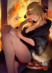Rule 34 | 1girl, apple, artist name, barefoot, black coat, blonde hair, breasts, cherry in the sun, cleavage, coat, creatures (company), cynthia (pokemon), food, fruit, game freak, grey eyes, hair ornament, hair over one eye, holding, holding food, holding fruit, long hair, medium breasts, nintendo, parted lips, pokemon, pokemon dppt, red apple, smile, solo, steam, very long hair