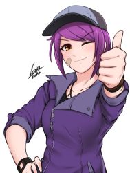 Rule 34 | 1girl, airisubaka, artist name, bandaid, bandaid on cheek, bandaid on face, baseball cap, breasts, brown eyes, collarbone, commentary, hat, leah (airisubaka), long hair, looking at viewer, medium breasts, one eye closed, original, purple hair, signature, simple background, smile, solo, thumbs up, upper body, v-shaped eyebrows, white background, yellow eyes