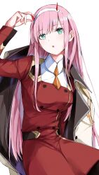 Rule 34 | 1girl, :o, absurdres, arm up, belt, black belt, blunt bangs, breasts, coat, commentary, cowboy shot, darling in the franxx, eyelashes, eyes visible through hair, fingernails, green eyes, head tilt, highres, horns, large breasts, light blush, long hair, long sleeves, looking up, open mouth, pink hair, red coat, shirt, sidelocks, simple background, sitting, solo, straight hair, upturned eyes, very long hair, white background, white shirt, yanagi marie, zero two (darling in the franxx)