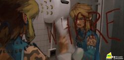 Rule 34 | 1boy, arm tattoo, bathroom, blonde hair, blue eyes, blue shirt, detached sleeves, electrical outlet, elf, frostbite set (zelda), hand dryer, hand up, hiroshi (hiiroshiiii), holding, indoors, jewelry, looking at mirror, medium hair, mirror, necklace, nintendo, open mouth, pointy ears, real life insert, reflection, shirt, sweat, sweatdrop, tattoo, the legend of zelda, the legend of zelda: tears of the kingdom, wiping