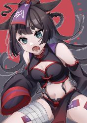 Rule 34 | 1girl, :o, ahoge, animal ears, bandaged leg, bandages, bare shoulders, black hair, black shirt, black shorts, blue eyes, braid, braided hair rings, breasts, cleavage cutout, clothing cutout, crop top, detached sleeves, fang, hair rings, highres, hoshino mokuzu, long hair, long sleeves, looking at viewer, medium breasts, micro shorts, midriff, navel, open mouth, original, pelvic curtain, revealing clothes, shirt, shorts, sleeveless, sleeveless shirt, sleeves past fingers, sleeves past wrists, solo, stomach, suspenders, thick eyebrows, thighs