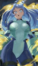 Rule 34 | 1girl, :o, absurdres, blonde hair, blue bodysuit, blue eyes, blue hair, blush, bodysuit, boku no hero academia, breasts, commentary request, covered navel, drill hair, fengling (furin-jp), green bodysuit, hadou nejire, hair horns, highres, large breasts, light blue hair, long hair, looking at viewer, multicolored bodysuit, multicolored clothes, open mouth, solo, teeth, thighs, twin drills, two-tone bodysuit, unfinished, upper teeth only, wide hips