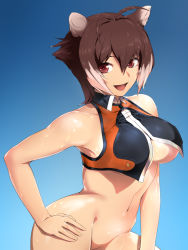 Rule 34 | 1girl, ahoge, animal ears, arc system works, bad id, bad pixiv id, bare shoulders, blazblue, blazblue: continuum shift, bottomless, breasts, brown eyes, brown hair, contrapposto, groin, hand on own hip, hip focus, large breasts, makoto nanaya, navel, no bra, no pussy, no tail, open mouth, short hair, smile, solo, squirrel ears, standing, ultra00, underboob