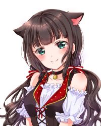 Rule 34 | 1girl, animal ears, aqua eyes, black hair, blush, collar, collarbone, cross-laced clothes, detached sleeves, eneco, frilled sleeves, frills, hair ribbon, highres, kemonomimi mode, kurosawa dia, long hair, looking at viewer, love live!, love live! school idol festival, love live! sunshine!!, low twintails, mole, mole under mouth, red ribbon, ribbon, short sleeves, sidelocks, simple background, smile, solo, striped ribbon, twintails, upper body, vest, white background