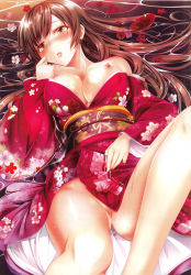 Rule 34 | 1girl, alcohol, blush, breasts, brown hair, cleavage, convenient censoring, dripping, flower, haruka natsuki, highres, japanese clothes, kimono, long hair, looking at viewer, nipple slip, nipples, open mouth, pussy juice, sake, saliva, shiny skin, solo, sweat, tagme, water, wet