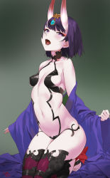 Rule 34 | 1girl, :d, absurdres, armor, arms at sides, artist name, bare shoulders, barefoot, blue gemstone, blunt bangs, blush, breasts, breasts apart, choker, collarbone, commentary, covered erect nipples, cup, detached sleeves, eyebrows, eyeshadow, fangs, fate/grand order, fate (series), full body, gem, gradient background, groin, hair ornament, headpiece, highres, holding, horns, japanese clothes, jewelry, kimono, kneeling, long sleeves, looking at viewer, makeup, mascara, navel, off shoulder, oni, open clothes, open kimono, open mouth, purple eyes, purple hair, purple kimono, revealing clothes, sakazuki, saliva, short eyebrows, short hair, shuten douji (fate), shuten douji (first ascension) (fate), skin-covered horns, sleeves past wrists, small breasts, smile, solo, stomach, teeth, thick eyebrows, thighhighs, thighs, tongue, tsurime, wide sleeves, yd (orange maru)