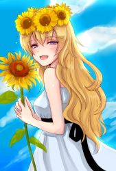 Rule 34 | 1girl, :d, black ribbon, blonde hair, blue sky, cloud, day, dress, floating hair, flower, hair between eyes, hair flower, hair ornament, holding, holding flower, long hair, looking at viewer, open mouth, outdoors, purple eyes, rei no himo, ribbon, rwby, sava 10rwby, sky, sleeveless, sleeveless dress, smile, solo, standing, sundress, sunflower, upper body, very long hair, white dress, yang xiao long, yellow flower